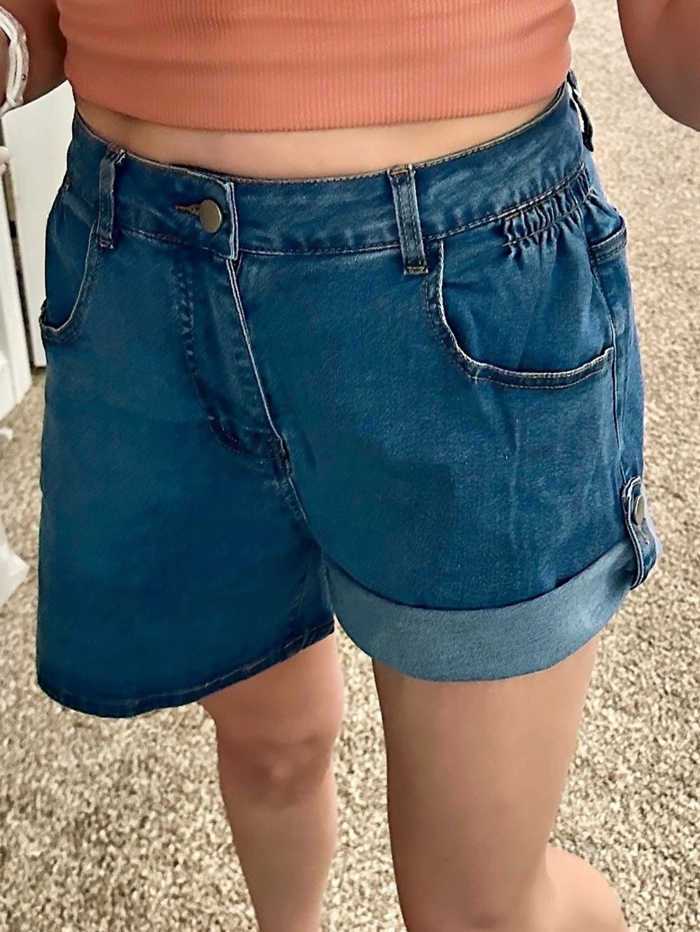 BISUAL High Waisted Rolled or Unrolled Hem Stretchy Denim Shorts with Pockets